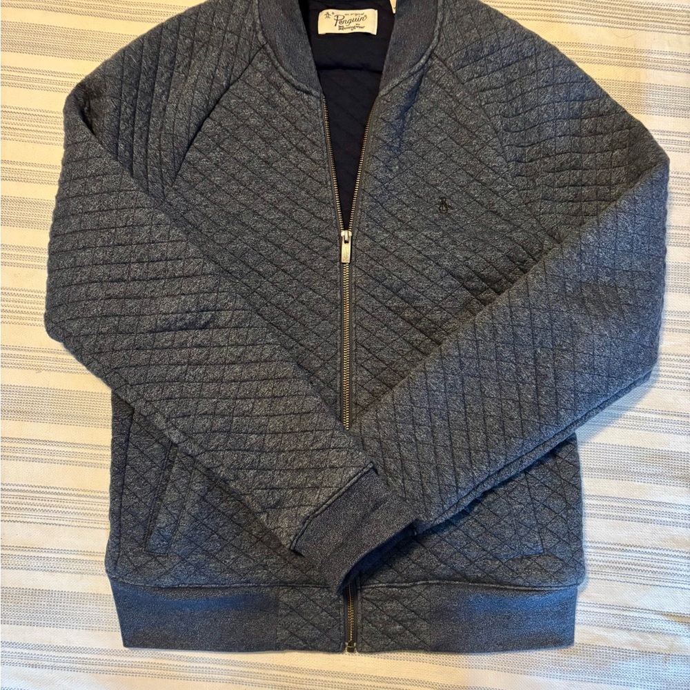 Original Penguin Blue Zip Up Sweater with Quilted Texture